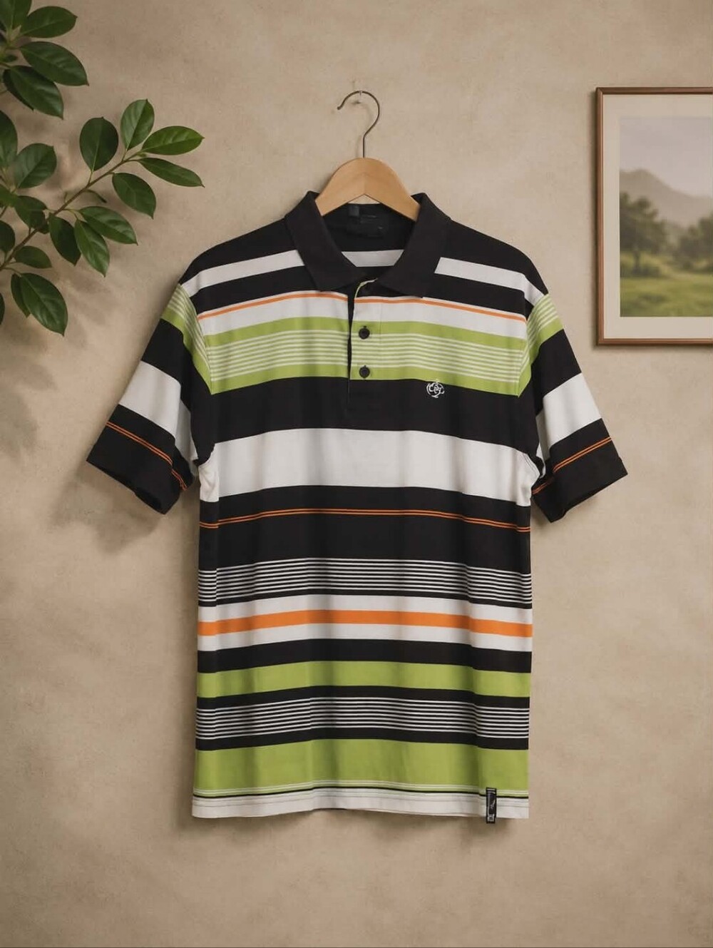South Pole Men’s Striped Polo Shirt Size Large Black Green White Orange Cotton